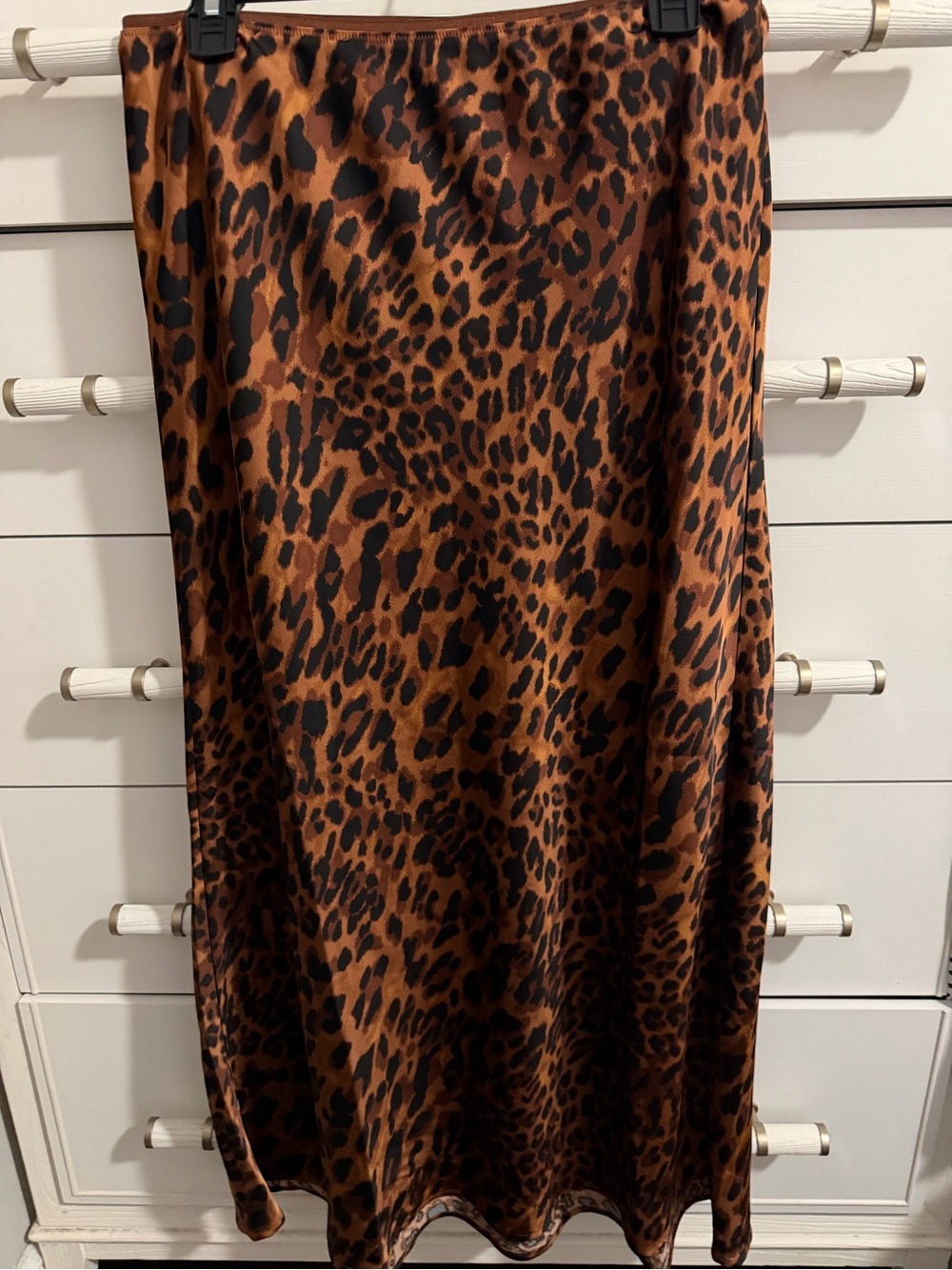Leopard Print Brown Satin Maxi Skirt